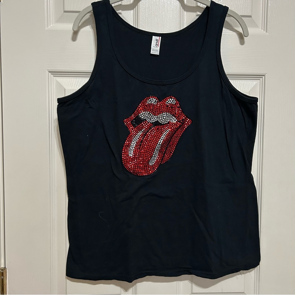 Anvil Black Rolling Stones Tank with Red Rhinestone Lips
